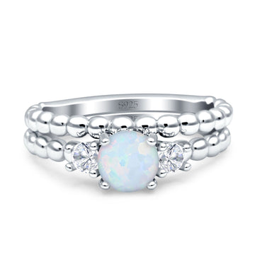 Three Stone Two Piece Bridal Wedding Beaded Ring Round Lab Created White Opal 925 Sterling Silver Wholesale